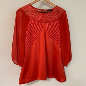 Ted Baker London blouse, silk with sheer arms, red, size 3